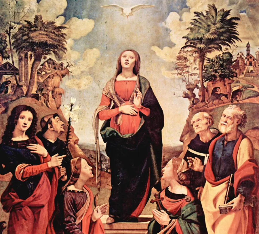 Unbefleckte Empfängnis als Szene: Maria und die Heiligen Katharina,  Margaretha, Evangelist Johannes, Petrus, Philippus Benitius und Antoninus von Florenz, gemalt um 1505 von Piero di Cosimo.
