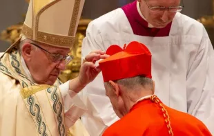 Papst Franziskus legt am 28. Juni 2018 während eines Konsistoriums in der Petersbasilika ein rotes Birett auf den Kopf eines neuen Kardinals. / CNA Deutsch / Daniel Ibanez