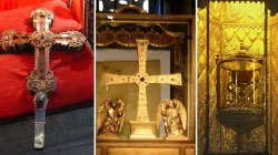 Reliquien der Passion Jesu in Spanien. 
Von links nach rechts: Kreuzreliquie, Schweißtuch, heiliger Kelch / WIkipedia (gemeinfrei) 