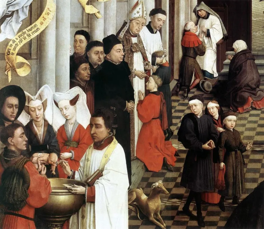 Taufe, Firmung und Beichte: Drei der sieben Sakramente im berühmten Altarbild vom Rogier van der Weyden, ca. 1440-1445.