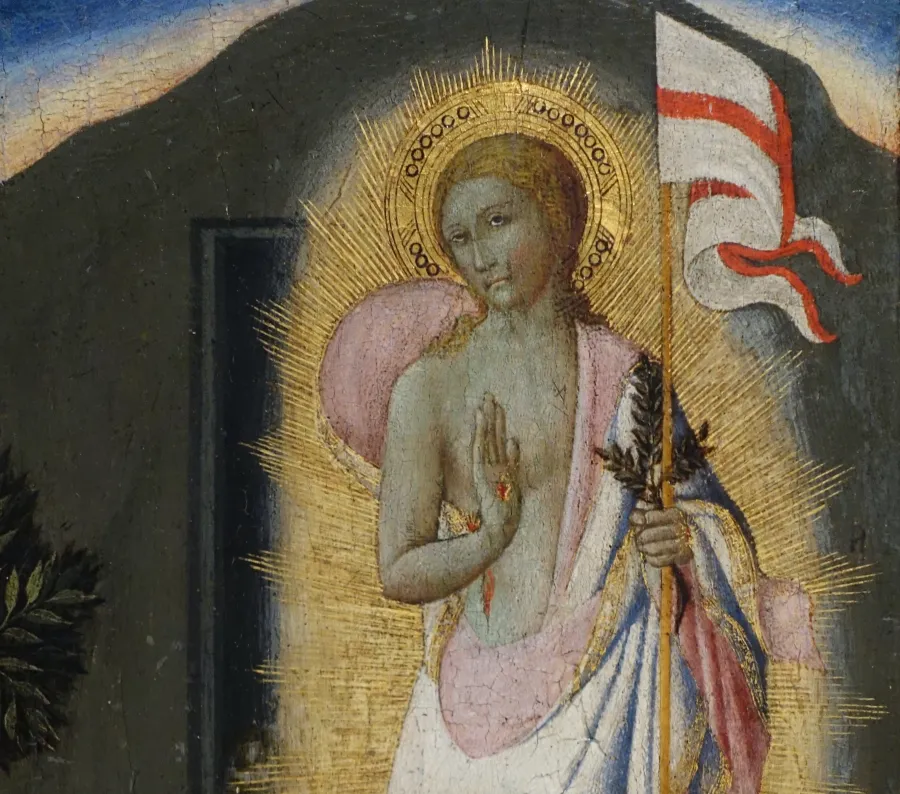 Auferstehung vor dem Aufgang der Sonne der Gerechtigkeit über dem Ostermorgen in Jerusalem. Von Sano
di Pietro, Siena (ca1446). Köln, Wallraff Richartz Museum.