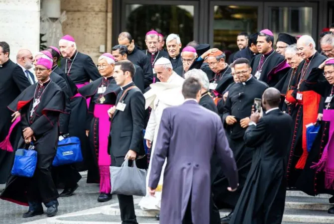 Papst Franziskus und Synodenteilnehmer vor der Audienzhalle im Vatikan