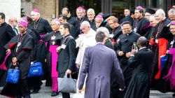 Papst Franziskus und Synodenteilnehmer vor der Audienzhalle im Vatikan / Daniel Ibanez / CNA Deutsch