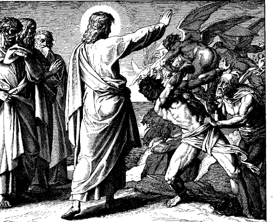 Jesus treibt Dämonen aus: Holzschnitt aus "Die Bibel in Bildern" aus dem Jahr 1860 des Künstlers Julius Schnorr von Carolsfeld.