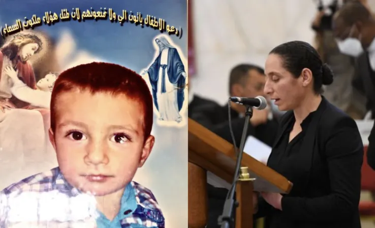 Die Gedenkkarte mit David, dem Kind, das 2014 in Karakosch von ISIS getötet wurde. Seine Mutter Duha Abdullah legte Zeugnis ab im Rahmen des Besuchs von Papst Franziskus