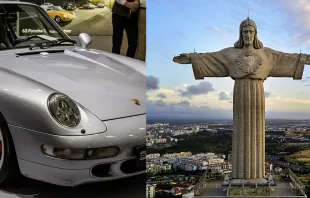 Ein Porsche 993 Turbo (links) und Cristo Rei — die berühmte Statue des Heilands in Lissabon / Matti Blume / Wikimedia (CC BY-SA 4.0) // Deensel / Wikimedia (CC BY-SA 2.0)