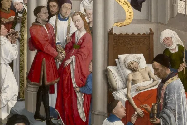 Die Sakramente der Kommunion, der Ehe und der Krankensalbung: Ausschnitt des Triptychons Altar der sieben Sakramente von Rogier van der Weyden (um 1450). / Wikimedia (CC0) 