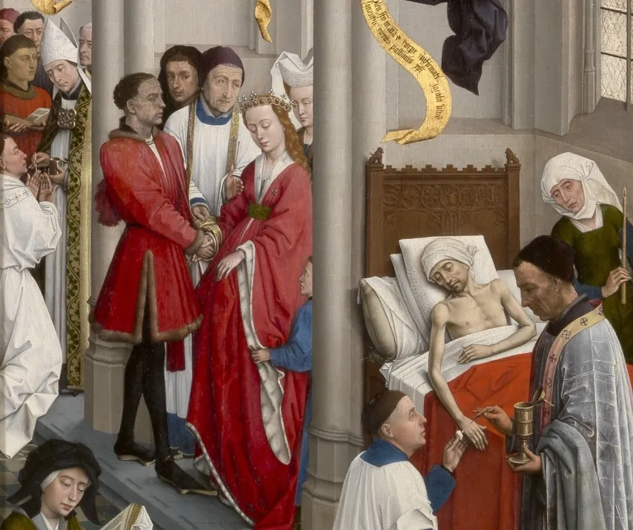 Die Sakramente der Kommunion, der Ehe und der Krankensalbung: Ausschnitt des Triptychons Altar der sieben Sakramente von Rogier van der Weyden (um 1450).