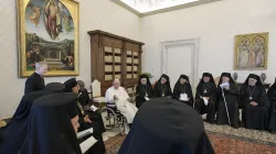 Ein im Rollstuhl sitzender Papst Franziskus spricht mit melkitischen Bischöfen am 20. Juni 2022 / Vatican Media