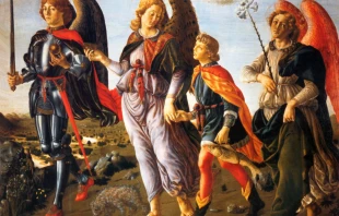 Die drei Erzengel Michael (links), Raphael (Mitte) und Gabriel führen Tobias, den Sohn des Tobit im gleichnamigen Buch des Alten Testaments: Das Gemälde Francesco Botticini entstand 1470.  / The Bridgeman Art Library via Roberta F., Wikimedia (Gemeinfrei)