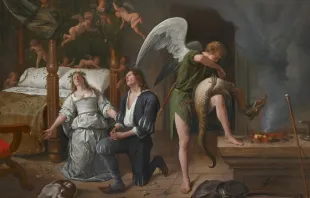 Tobias und Sara im Gebet, daneben der Erzengel Raphael (Gemälde von Jan Steen) / gemeinfrei