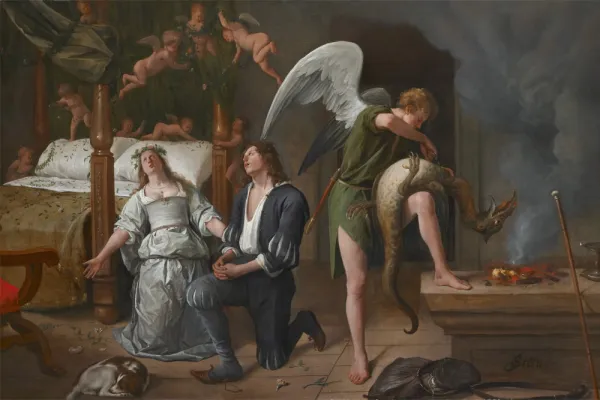 Tobias und Sara im Gebet, daneben der Erzengel Raphael (Gemälde von Jan Steen) / gemeinfrei