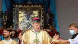 Erzbischof Ante Jozić feiert die Messe vor der Ikone der Muttergottes von Budslau in Weißrussland, 3. Juli 2021. / Vitaliy Palinevsky/Catholic.by