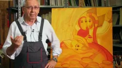 Pater Marko Ivan Rupnik SJ mit dem offiziellen Gemälde zum 10. Weltfamilientreffen in Rom. / YouTube / Screenshot
