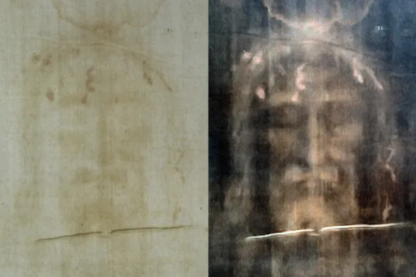 Das Turiner Grabtuch, Fotografie des Gesichts, Positiv links, rechts Negativ (Kontrast etwas verstärkt) / Wikimedia / Dianelos Georgoudis (CC BY-SA 3.0)