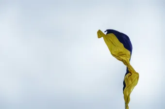 Ukrainische Flagge vor grauem Himmel / Vika Strawberrika / Unsplash