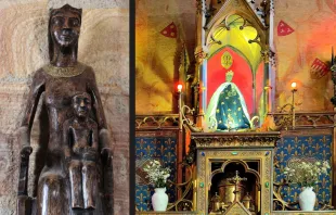 Links: Replik der Schwarzen Madonna von Racamadour / Rechts: Rocamadour, Chapelle Notre-Dame / JC Hervé, CC BY-SA 4.0, Wikimedia Commons / JGS25, CC BY-SA 4.0, Wikimedia Commons