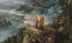 Weite Gebirgslandschaft mit der Versuchung Christi (Gemälde von Jan Brueghel dem Älteren) / gemeinfrei
