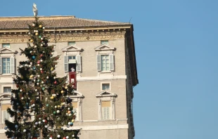Papst Franziskus winkt den auf dem Peterspatz rund um den Christbaum versammelten Gläubigen zum Angelusgebet am 8. Dezember 2016. / CNA/Daniel Ibanez