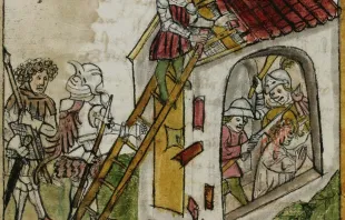 Cuonrad Sailer (?): Buchmalerei aus St. Galler Hausheilige: Wiborada wird von den Ungarn erschlagen, um 1455, in der Stiftsbibliothek im Kloster St. Gallen / Joachim Schäfer - Ökumenisches Heiligenlexikon