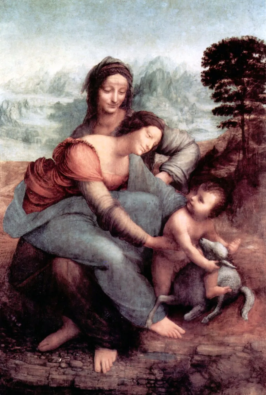 Die "Anna Selbdritt" von  Leonardo da Vinci, 1510– 1513. Dieser Bildtypus stellt drei Generationen dar: die heilige Anna, die Mutter Mariens, die Gottesmutter selbst und das Jesuskind. 