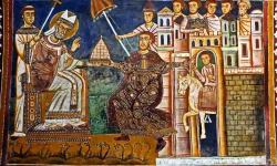 Silvester erhält von dem vor ihm knienden Kaiser Konstantin die Insignien der weltlichen Macht über die Stadt Rom. / Peter1936F / CC BY-SA 3.0