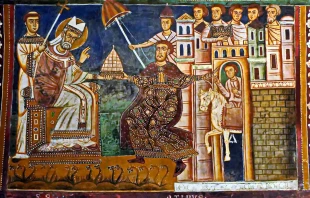 Silvester erhält von dem vor ihm knienden Kaiser Konstantin die Insignien der weltlichen Macht über die Stadt Rom. / Peter1936F / CC BY-SA 3.0