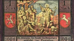 Abbildung des hl. Sturmius auf Notgeld der Stadt Niedermarsberg (1921): „St. Sturmius, der Apostel des Diemeltales, verkündet das Evangelium“. / Gemeinfrei