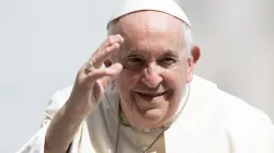 Papst Franziskus winkt Besuchern der Generalaudienz auf dem Petersplatz am 28. Juni 2023 / Daniel Ibáñez / CNA Deutsch