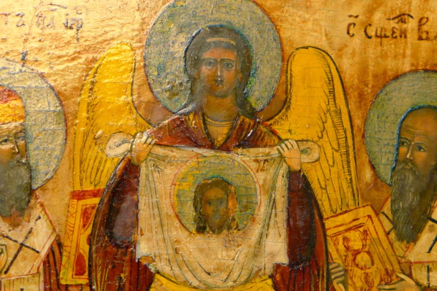 Der Erzengel Michael mit dem "Wahren Bild" Gottes im Schweißtuch Christi, russisch, 16. Jahrhundert.