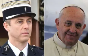 Oberstleutnant Arnauld Betrame, der sein Leben für das einer Geisel anbot, und Papst Franziskus, der den "Held von Trèbes" würdigte. / Arnaud Beltrame: Gendarmerie National / Papst Franziskus: Alan Holdren (CNA)