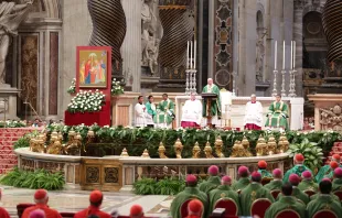 Papst Franziskus bei der Predigt in der Messe zur Eröffnung der Familiensynode 2015. / CNA/Daniel Ibanez