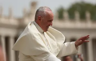 Papst Franziskus grüßt Pilger auf dem Petersplatz am 13. April 2016. / CNA/Daniel Ibanez