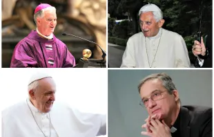 Schlüsselfiguren der Kommunikation: Bischof Paul Tighe, Papst emeritus Benedikt XVI., Monsignore Dario Viganò, Papst Franziskus (von links oben, im Uhrzeigersinn).
 / CNA Deutsch / Alexey Gotovskiy // Diözese Faenza-Modigliana // Daniel Ibanez (2x) 