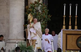 Segen der Gläubigen: Papst Franziskus mit dem Allerheiligsten am Sonntag, 2. Juni 2024 vor Santa Maria Maggiore in Rom. / Elizabeth Alva / EWTN News