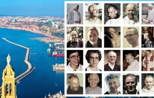 Portraits der 18 Märtyrer Algeriens. Im Hintergrund das Heiligtum von Notre Dame de Santa Cruz in Oran (Algerien), wo die Seligsprechung der Märtyrer von Algerien gefeiert wurde. / Vatican News