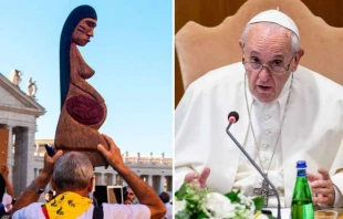 Die Holzfigur (links)  und Papst Franziskus beim Gespräch in der Synodenhalle / ACI Prensa // Daniel Ibanez / CNA Deutsch
