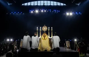 Bischof Andrew Cozzens aus Crookston, Minnesota, der die Initiative der US-Bischöfe zur eucharistischen Erweckung maßgeblich vorangetrieben hat, vollzog am 17. Juli 2024 im Rahmen einer Veranstaltung im Lucas Oil Stadium eine Anbetung Christi in der Eucharistie, der er sich gemeinsam mit Zehntausenden von Menschen widmete. / Jeffrey Bruno