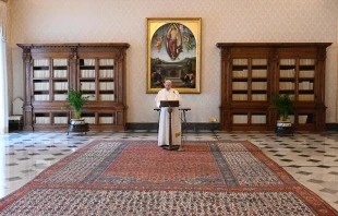 Papst Franziskus in der Übertragung seiner Ansprache aus der Bibliothek des Apostolischen Palastes im Vatikan zum Regina Coeli am Ostermontag, 13. April 2020. / Vatican Media