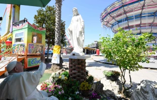 Papst Franziskus segnet eine Marienstatue am 31. Juli 2024 im Luna Park in Ostia / Vatican Media