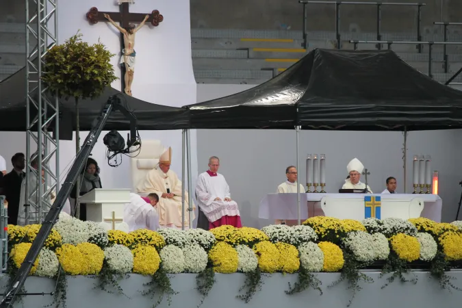 Papst Franziskus bei der Heiligen Messe im Stadion Malmö an Allerheiligen, 1. November 2016. 