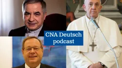 Im Uhrzeigersinn von links oben: Kardinal Angelo Becciu, Papst Franziskus, Bischof Georg Bätzing. / Daniel Ibanez / CNA Deutsch  // Vatican Media // Bistum Limburg