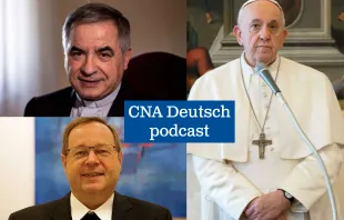 Im Uhrzeigersinn von links oben: Kardinal Angelo Becciu, Papst Franziskus, Bischof Georg Bätzing. / Daniel Ibanez / CNA Deutsch  // Vatican Media // Bistum Limburg