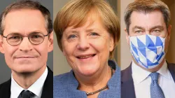 Stellten die Beschlüsse zum Lockdown in der Zweiten Welle der Coronavirus-Pandemie für Deutschland am 13. Dezember 2020 der Öffentlichkeit vor (von links): Berlins Regierender Bürgermeister Michael Müller (SPD), Bundeskanzlerin Angela Merkel (CDU) und der Ministerpräsident von Bayern, Markus Söder (CSU). / Sandro Halank, Wikimedia Commons, CC-BY-SA 3.0 // EU2017EE Estonian Presidency, Wikimedia Commons CC BY 2.0 // Bayerische Staatsregierung / Bayern.de