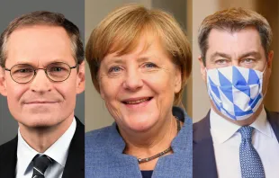 Stellten die Beschlüsse zum Lockdown in der Zweiten Welle der Coronavirus-Pandemie für Deutschland am 13. Dezember 2020 der Öffentlichkeit vor (von links): Berlins Regierender Bürgermeister Michael Müller (SPD), Bundeskanzlerin Angela Merkel (CDU) und der Ministerpräsident von Bayern, Markus Söder (CSU). / Sandro Halank, Wikimedia Commons, CC-BY-SA 3.0 // EU2017EE Estonian Presidency, Wikimedia Commons CC BY 2.0 // Bayerische Staatsregierung / Bayern.de