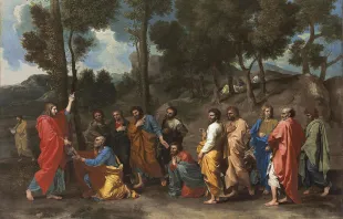 "Das Sakrament der Priesterweihe": Christus übergibt Petrus die Schlüssel, von Nicolaus Poussin (1594-1665), nach Mt 16, 18-19. / Gemeinfrei via Wikimedia