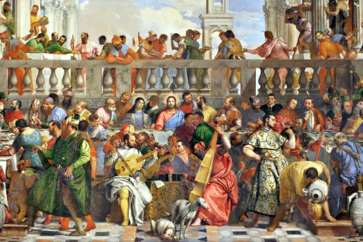 Die Hochzeit zu Kana: Ausschnitt des monumentalen Gemäldes von Paolo Veronese. Das 1563 fertig gestellte Kunstwerk ist eines der größten Bilder, die je auf eine Leinwand gebracht wurden. / Wikimedia (Gemeinfrei)