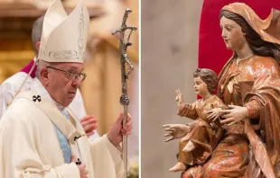 Papst Franziskus am Hochfest der Muttergottes und seligen Jungfrau Maria, 1. Januar 2018 – und die prominente Darstellung Mariens mit dem Jesuskind im Petersdom. / CNA / Daniel Ibanez