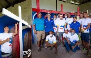 Mit Pinsel, Farbe – und sogar dem offiziellen T-Shirt: Häftlinge beim Bau der Beichtstühle  / Weltjugendtag Panama