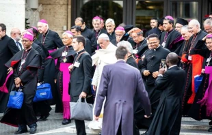 Papst Franziskus und Synodenteilnehmer vor der Audienzhalle im Vatikan / Daniel Ibanez / CNA Deutsch